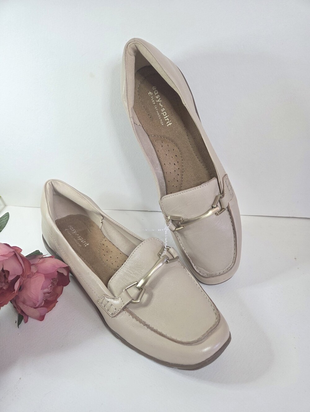 Easy Spirit Blush Cream Loafers with Gold Bit. Comfy Walking Shoes for Woman.